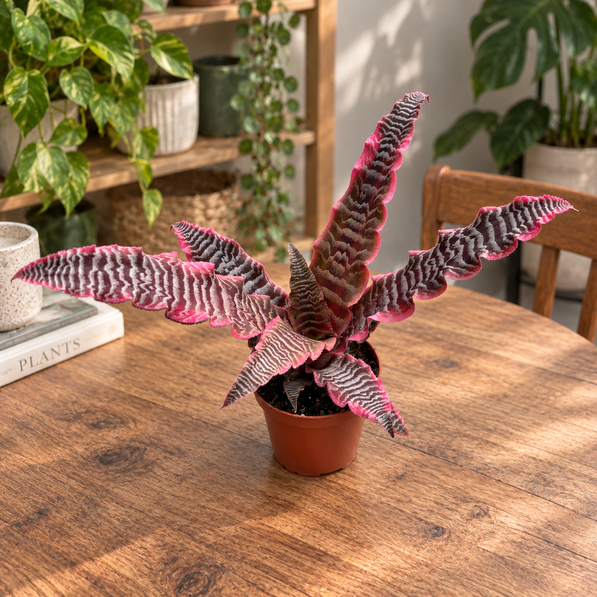 Cryptanthus 'Elaine' - Earth Star cu frunze bordo, argintii si margini roz