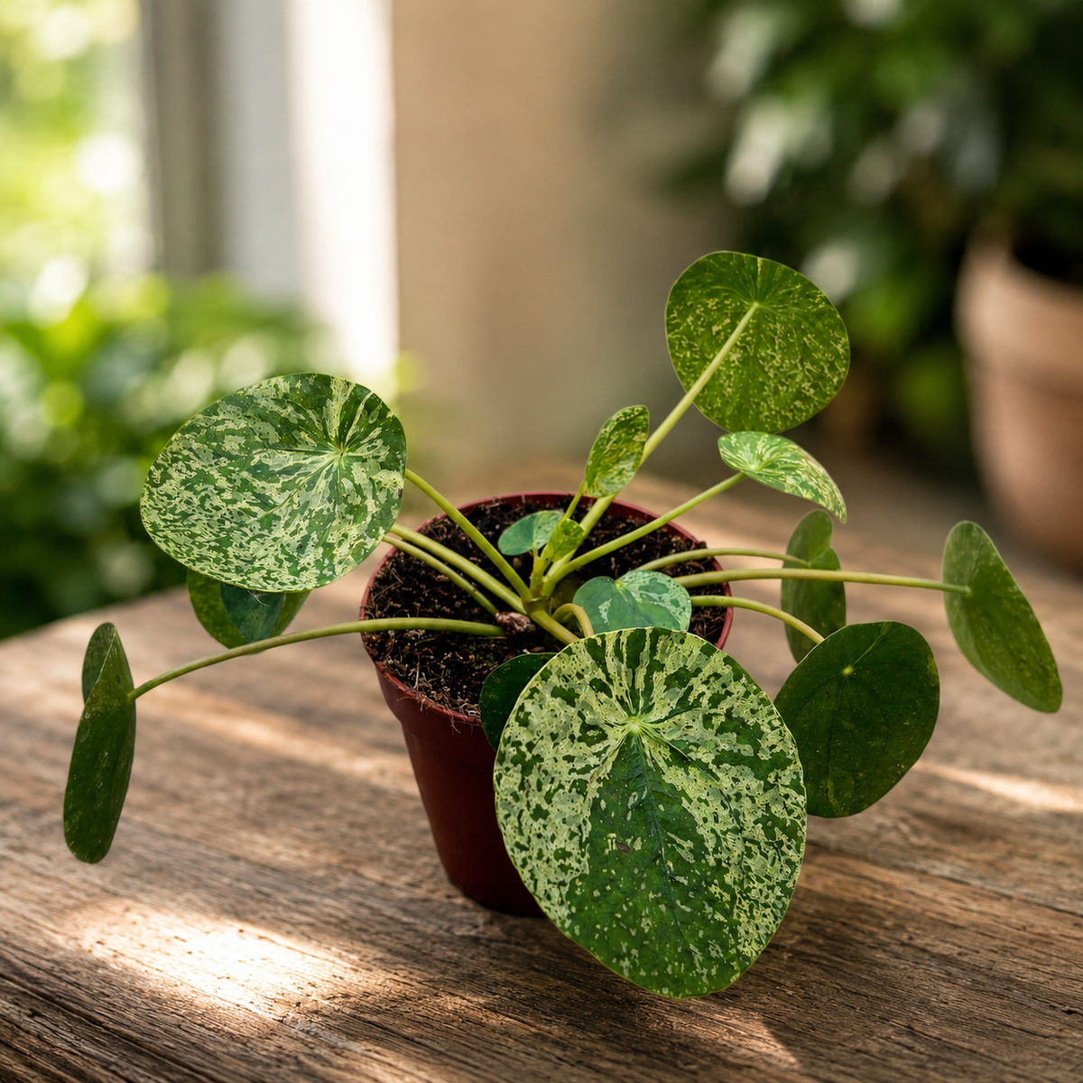 Pilea peperomioides 'Mojito' - Pflanze mit exotischem Aussehen und variegiertem Laub